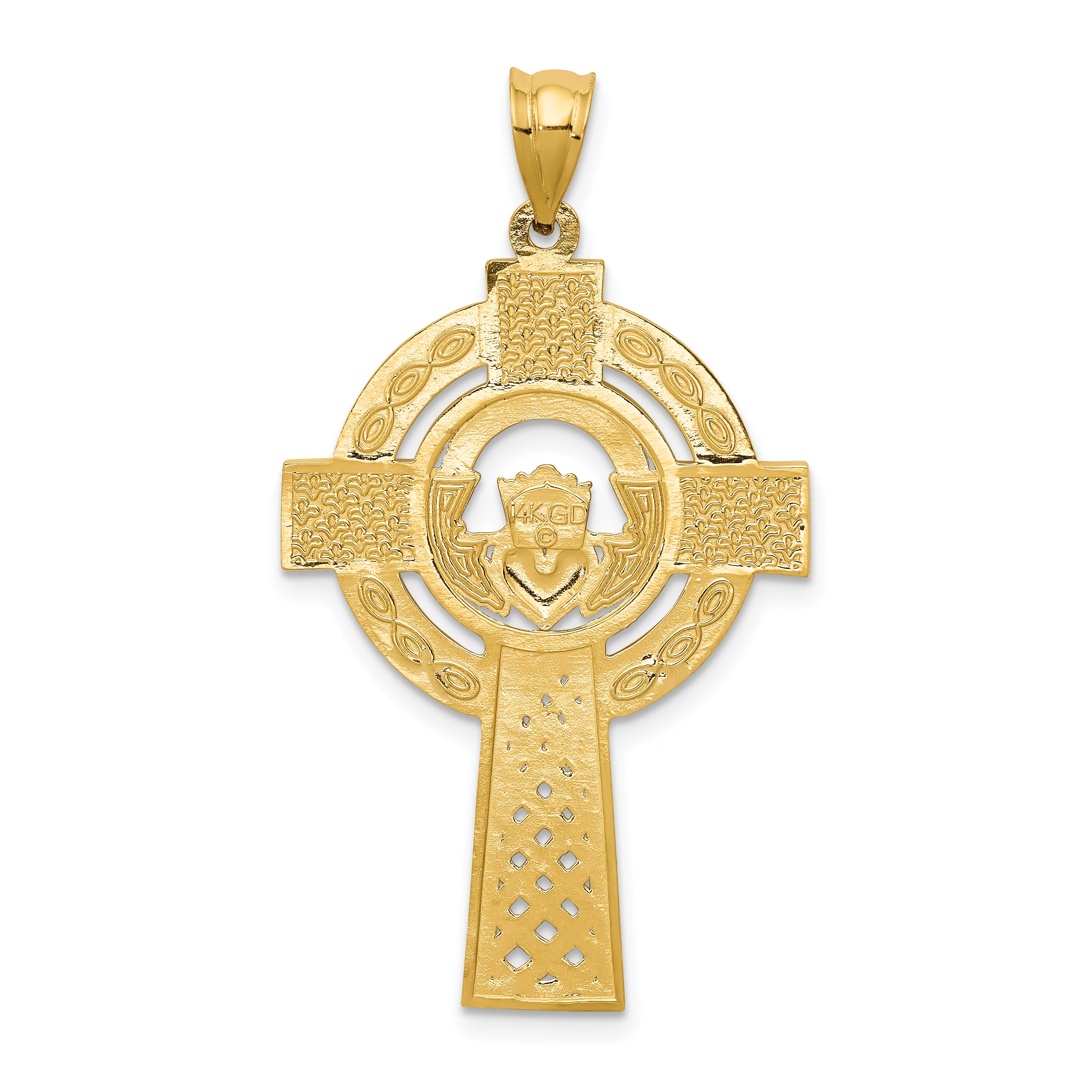 14K Gold Celtic Claddagh Cross Pendant with Polished Solid Design