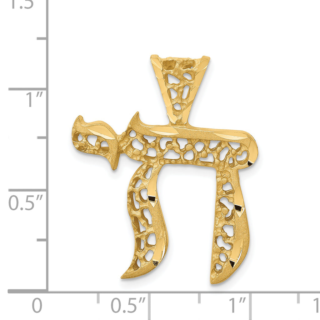 14K Gold Filigree Chai Pendant with Polished Diamond-Cut Finish