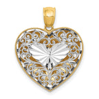 14K Two-Tone Gold Reversible Filigree Heart Pendant with Polished Diamond-Cut Design
