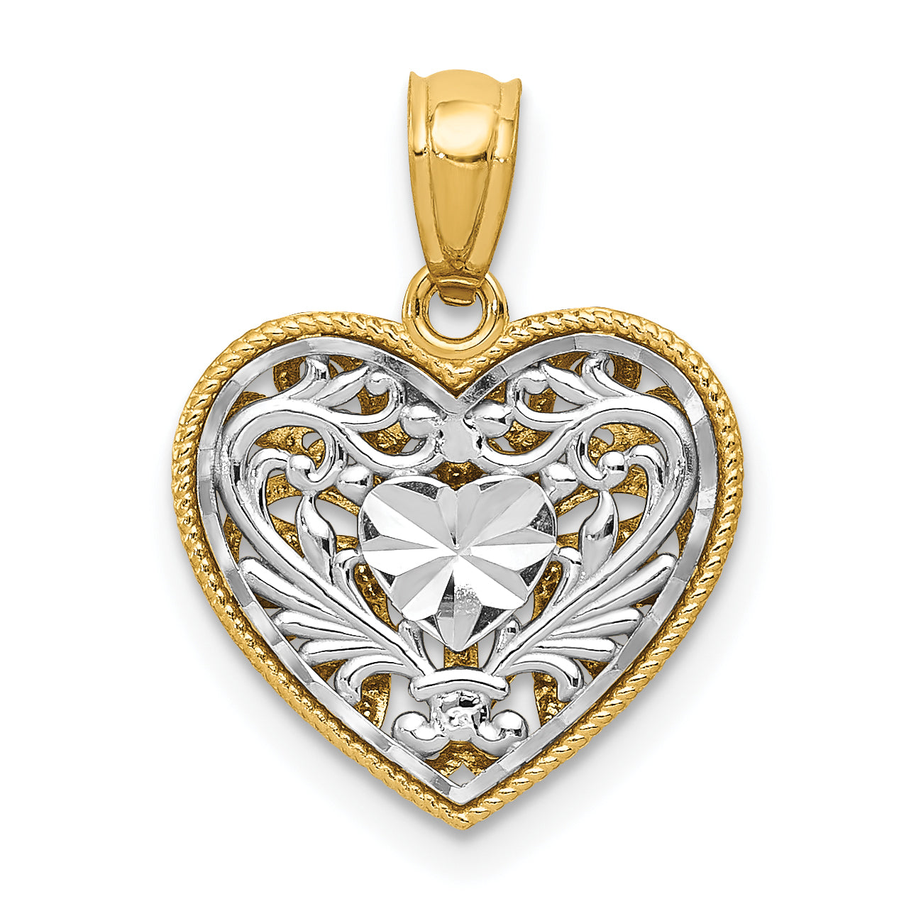 14K Two-Tone Gold Reversible Diamond-Cut Heart Pendant Polished Finish