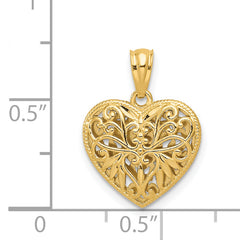 14K Two-Tone Gold Reversible Diamond-Cut Heart Pendant Polished Finish