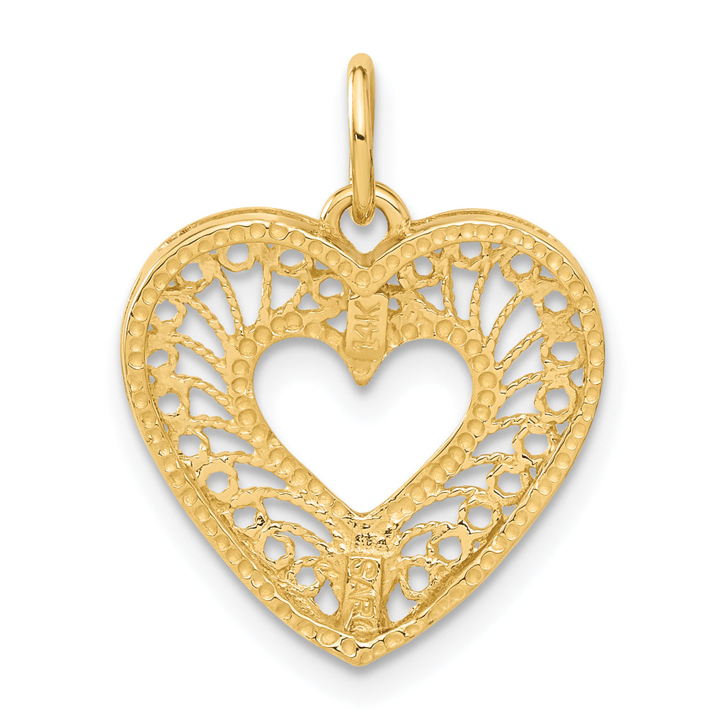 14K Gold Polished Heart Pendant with Filigree Diamond-Cut Design