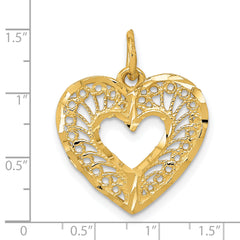 14K Gold Polished Heart Pendant with Filigree Diamond-Cut Design