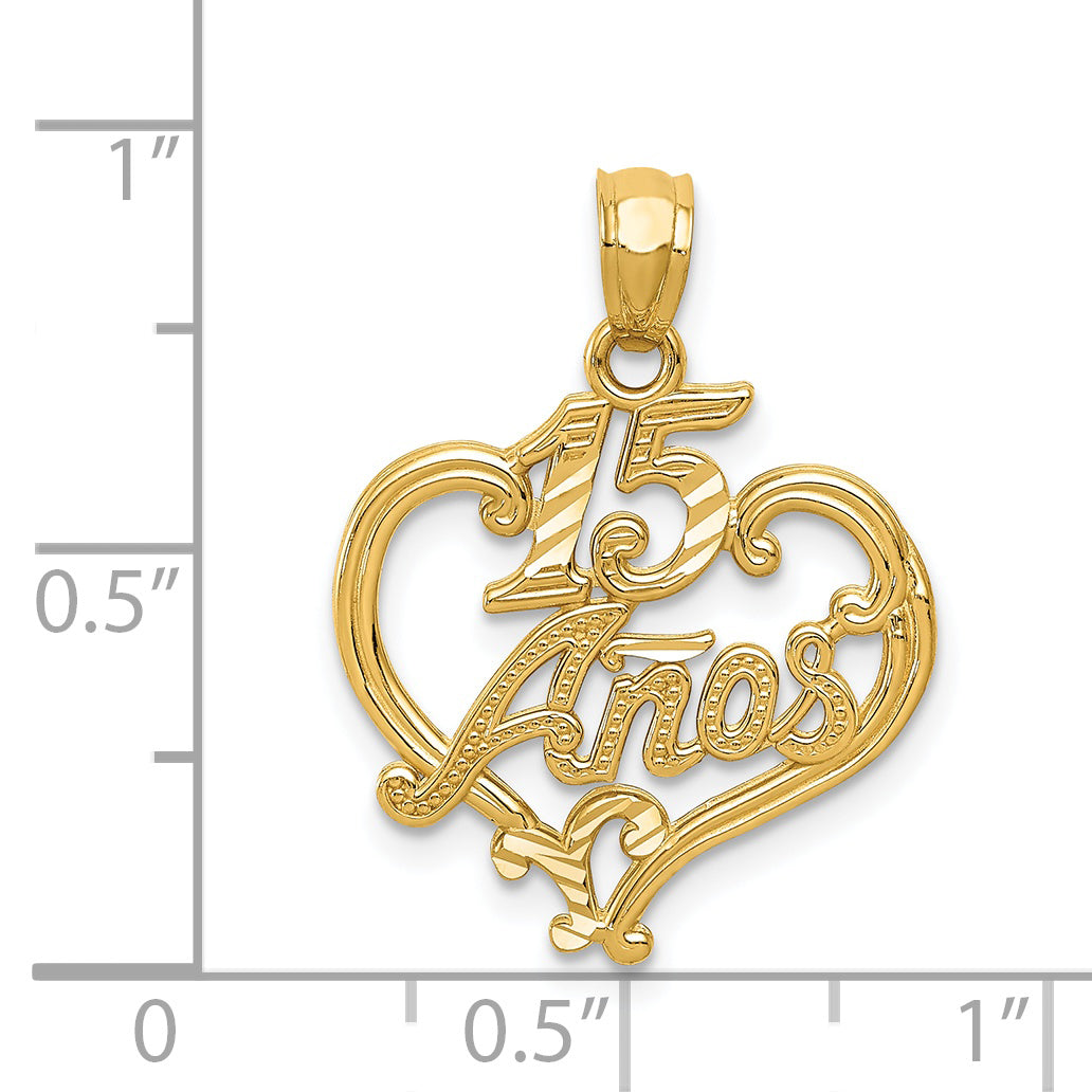 14K Gold Heart Pendant for 15 ANOS with Diamond-Cut Polished Finish