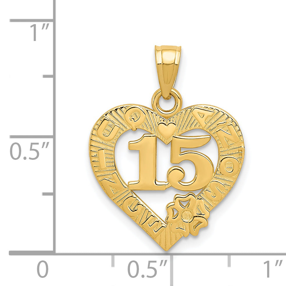 14K Gold Quinceañera Heart Frame Pendant with Polished Finish