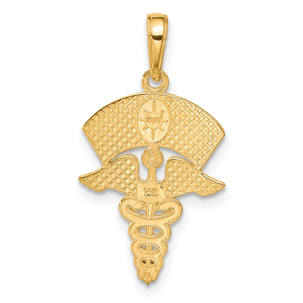 14K Gold Caduceus Nurses Cap Pendant with Polished Textured Design