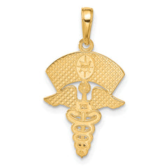 14K Gold Caduceus Nurses Cap Pendant with Polished Textured Design