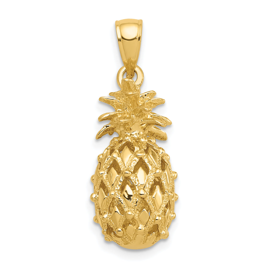14K Gold 3D Pineapple Pendant with Polished Textured Finish  Tropical Charm