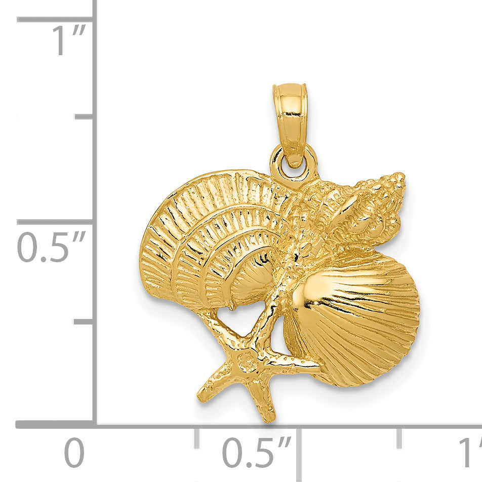 14K Gold Shell Cluster Pendant for Men with Polished Textured Finish