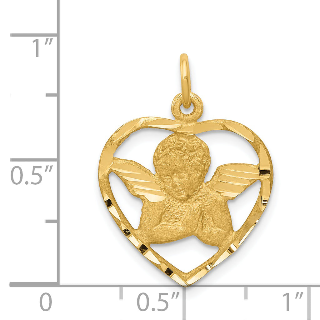 14K Gold Angel in Heart Charm Pendant Elegant Themed Design 24mm