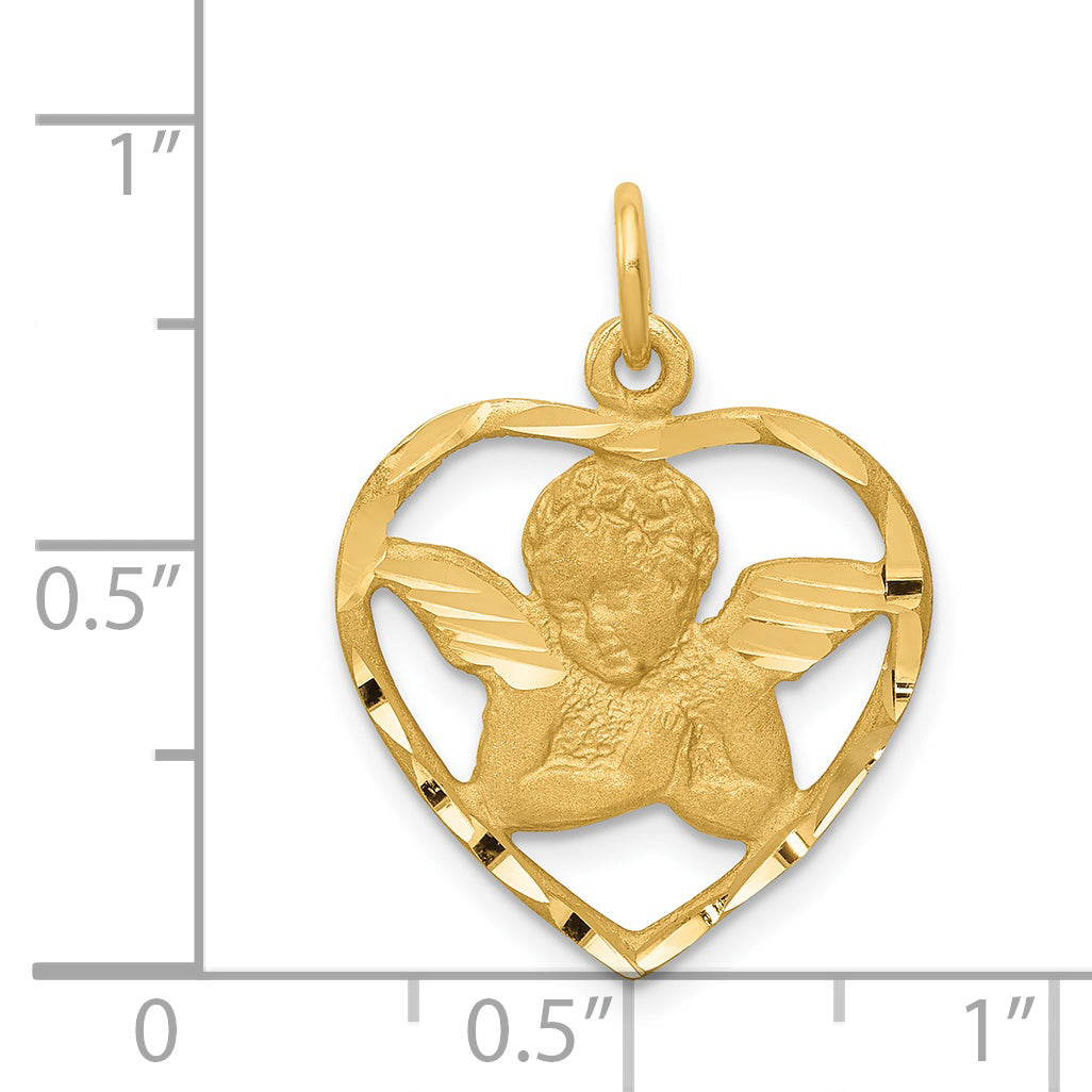 14K Gold Angel in Heart Charm Pendant Elegant Themed Design 24mm