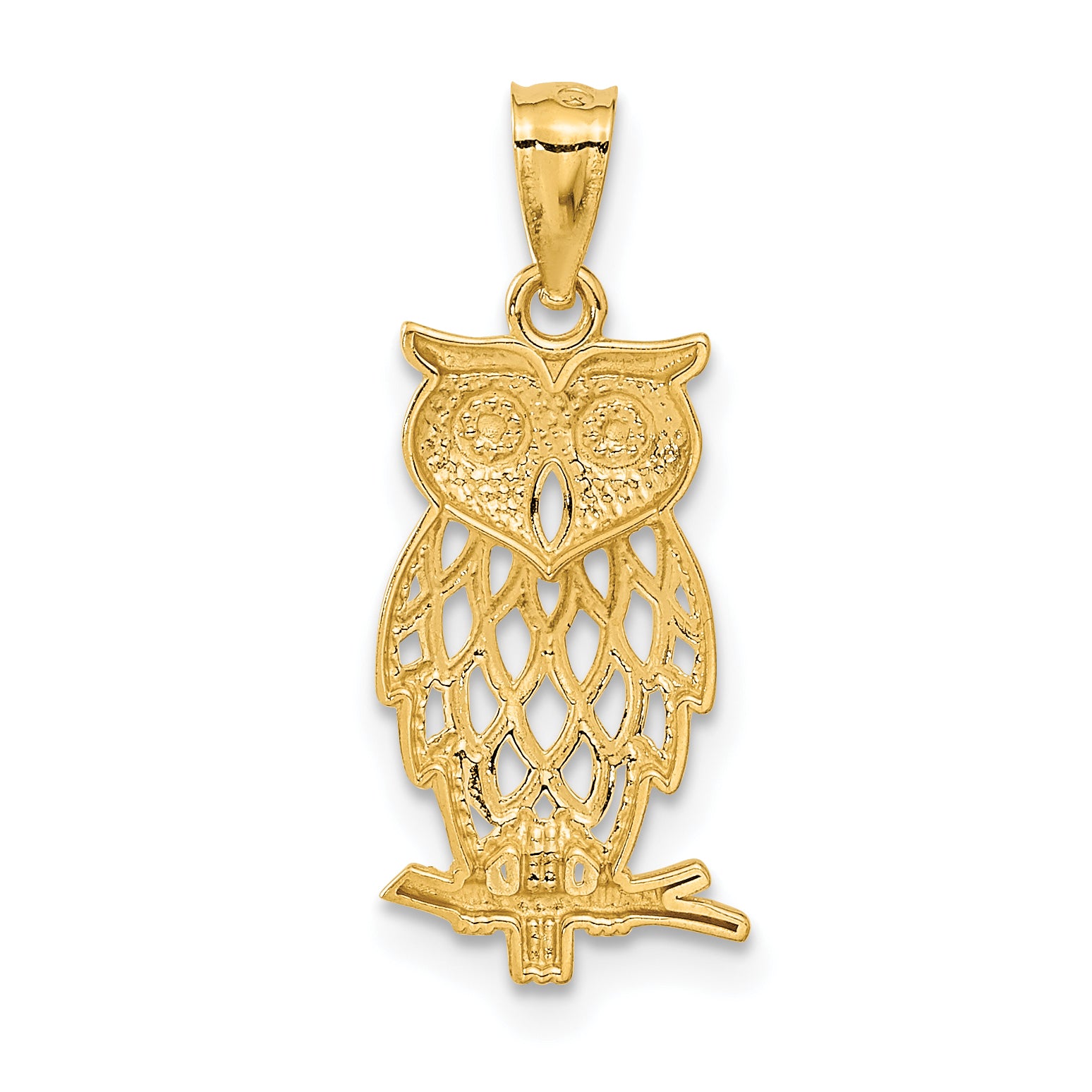 14K Gold Owl Pendant with Rhodium Accents Diamond-Cut Polished Finish