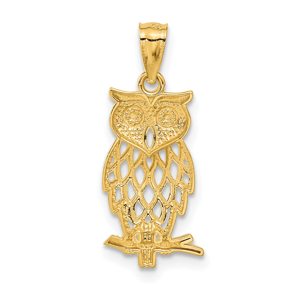 14K Gold Owl Pendant with Rhodium Accents Diamond-Cut Polished Finish