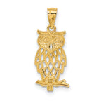 14K Gold Owl Pendant with Rhodium Accents Diamond-Cut Polished Finish