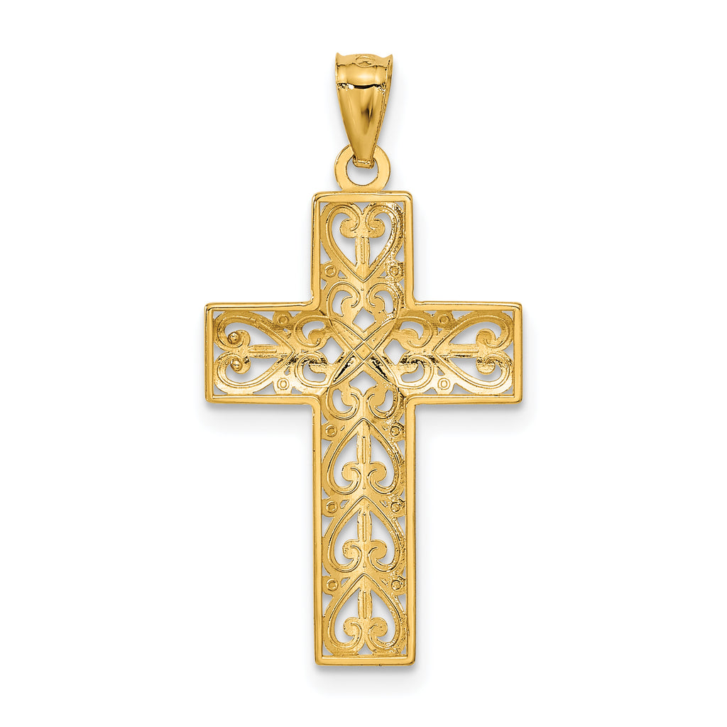 14K Gold Diamond-Cut Filigree Cross Pendant with Elegant Concave Design