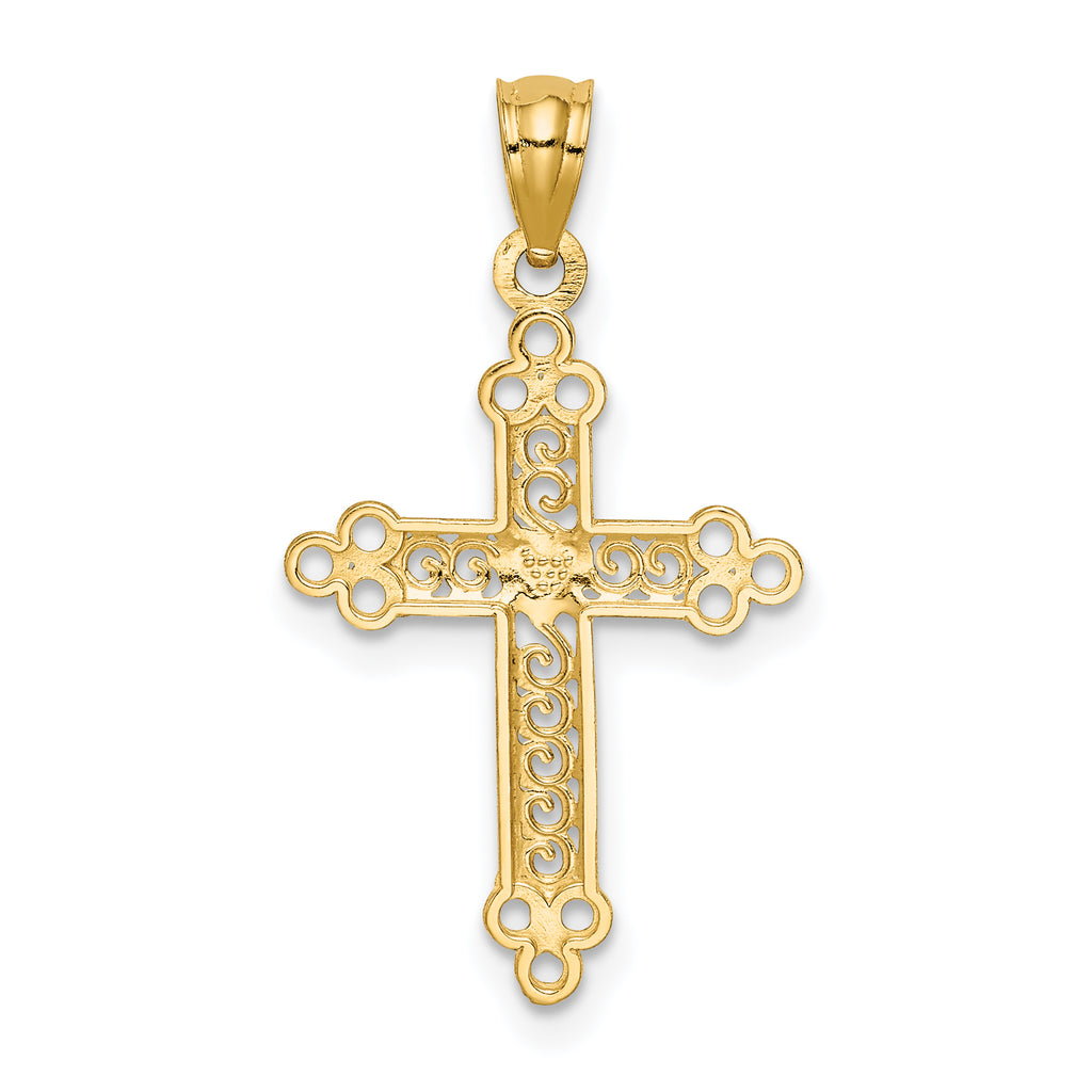 14K Gold Budded Cross Pendant with Rhodium Accent  Polished Finish