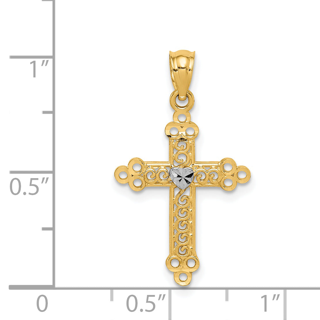 14K Gold Budded Cross Pendant with Rhodium Accent  Polished Finish