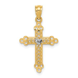 Budded Cross with Heart Center Pendant in 14K Two-Tone Gold, 28mm - Sophia Jewelers