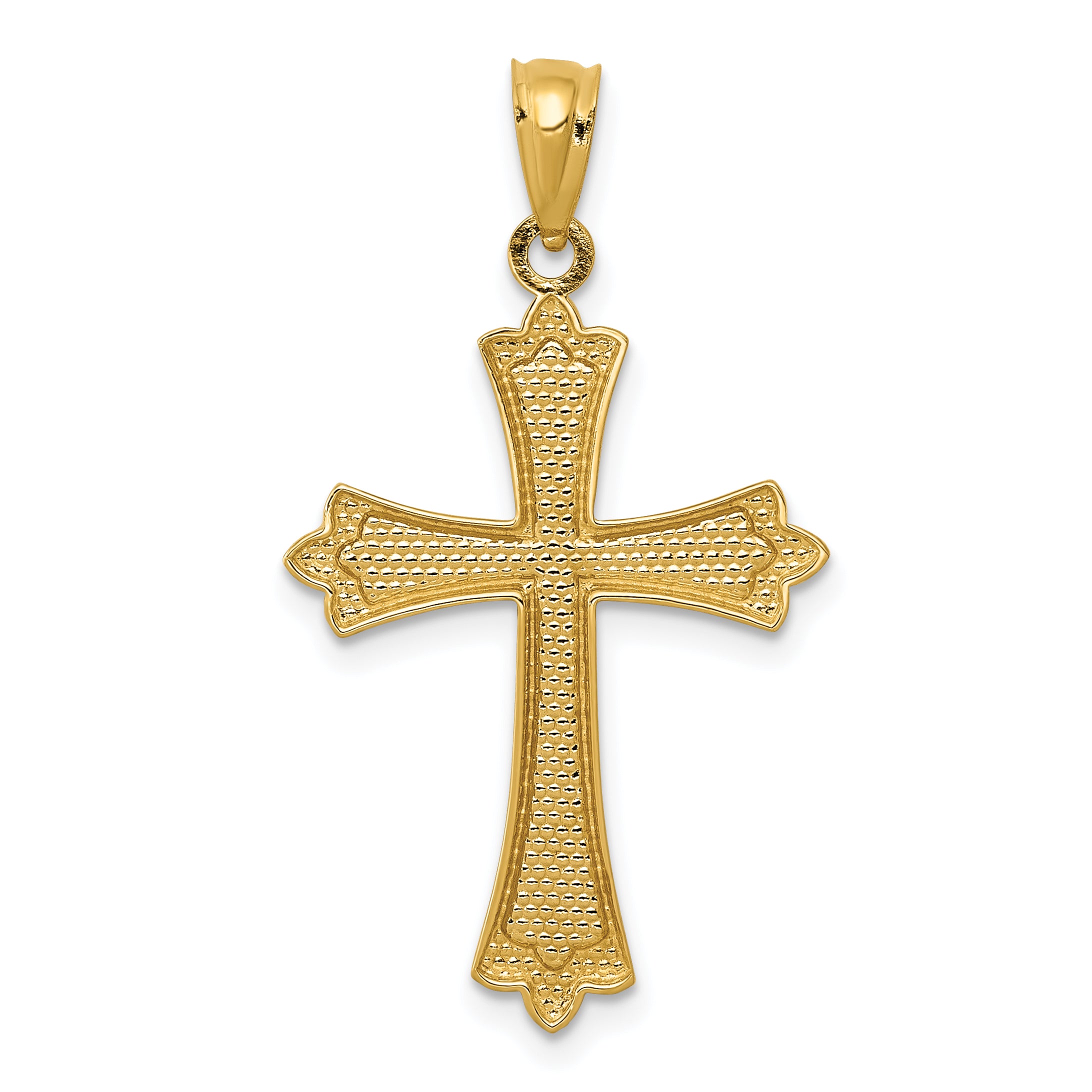 14K Yellow Gold Solid Budded Cross Pendant  Elegant Casted Design