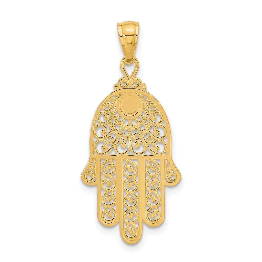 14K Gold Diamond-Cut Filigree Chamseh Pendant  Elegant and Themed Style