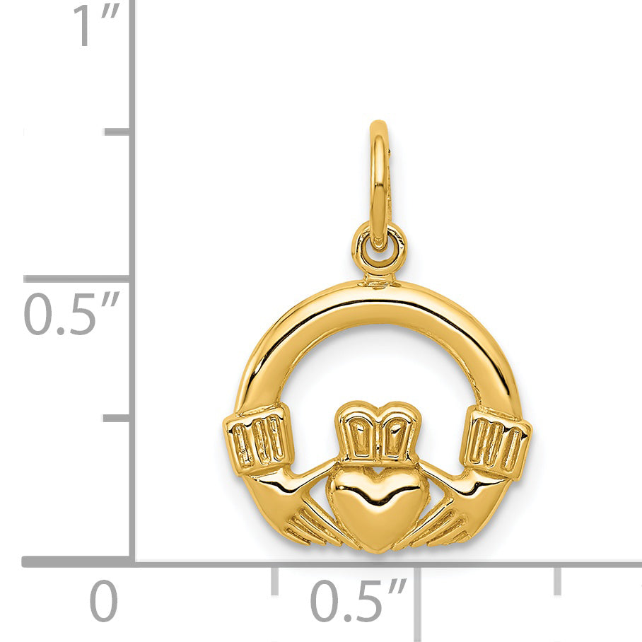 14K Gold Claddagh Charm with Polished Finish and Textured Back