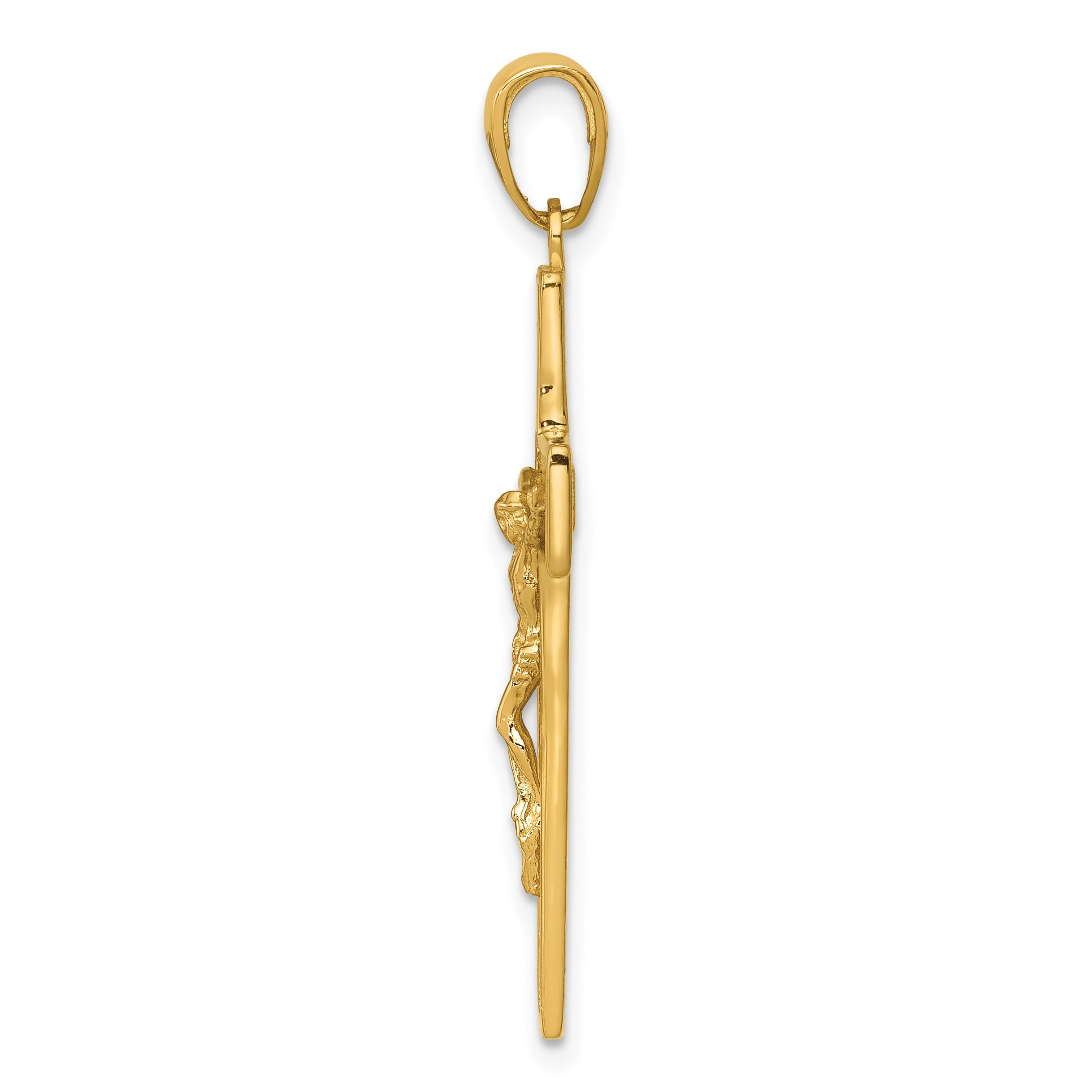 14K Gold Polished Crucifix Pendant with Textured Detail Solid, Casted Design