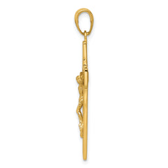 14K Gold Polished Crucifix Pendant with Textured Detail Solid, Casted Design