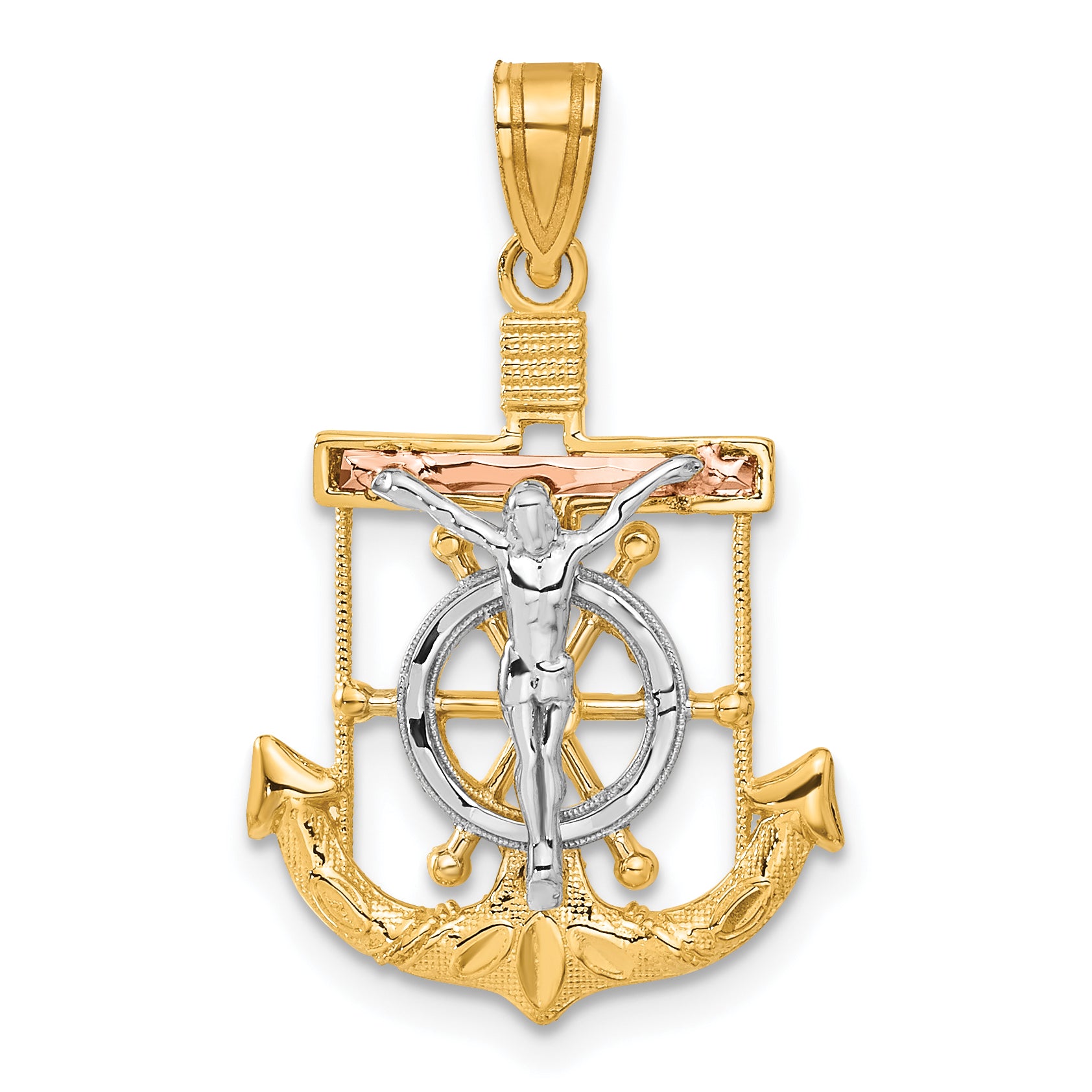 14k Tri-color Diamond-cut w/Textured Mariner's Cross Pendant Main image