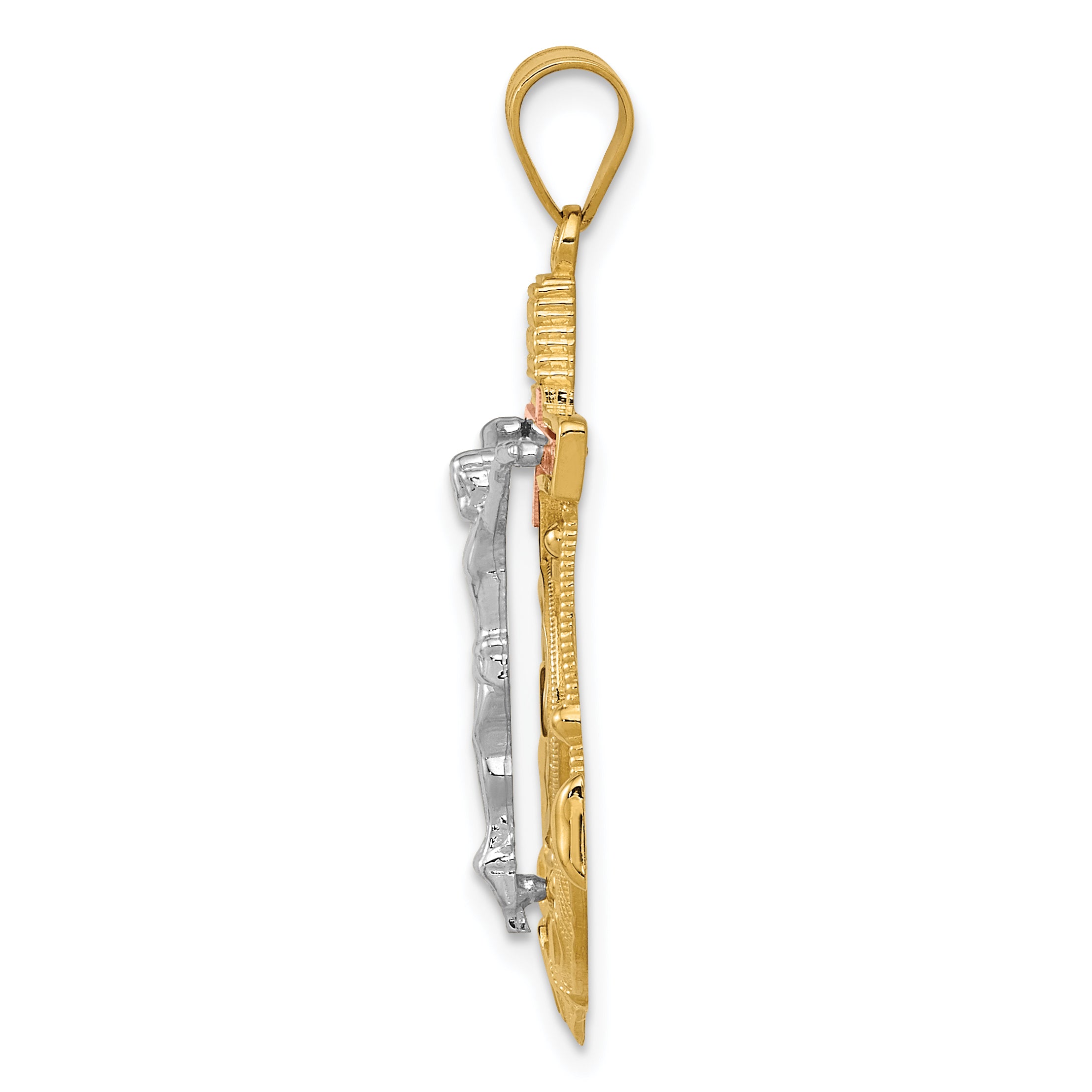 14K Tri-Color Gold Mariner's Cross Pendant with Diamond-Cut Textured Finish