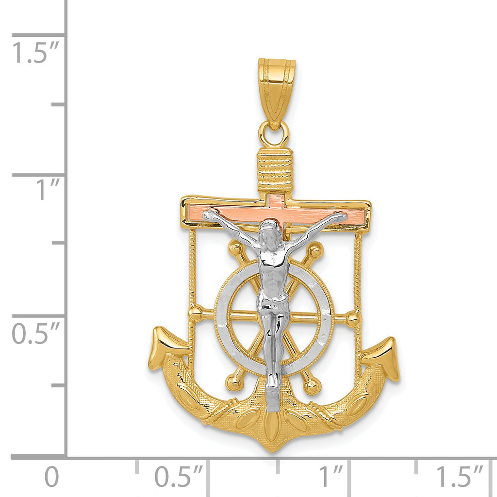 14K Tri-Color Gold Mariner's Cross Pendant with Diamond-Cut Textured Finish