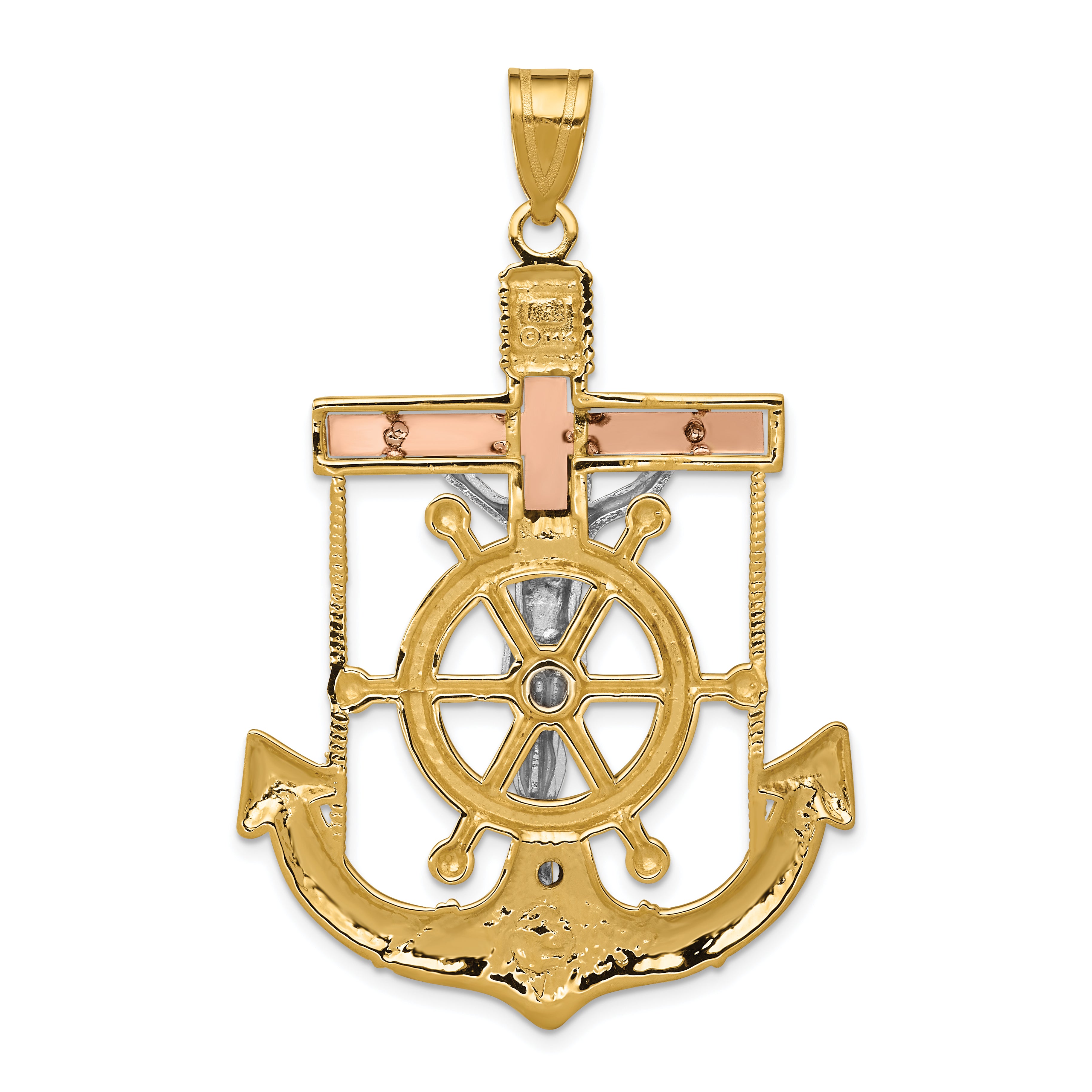 14K Tri-Color Gold Mariner's Cross Pendant with Diamond-Cut Texture