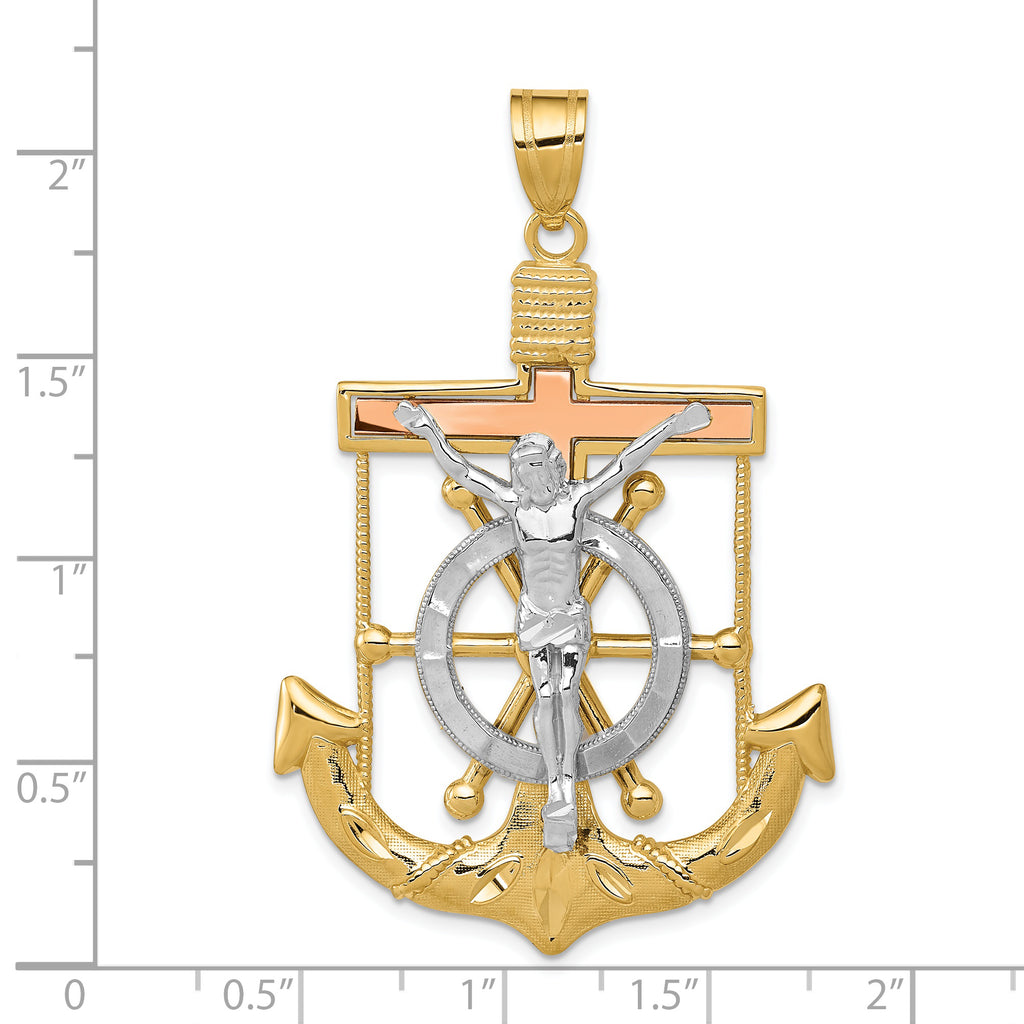 14K Tri-Color Gold Mariner's Cross Pendant with Diamond-Cut Texture