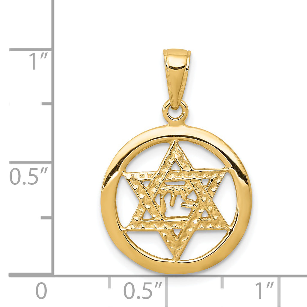 14K Gold Jewish Chai Pendant in Star of David Elegant Cast Design
