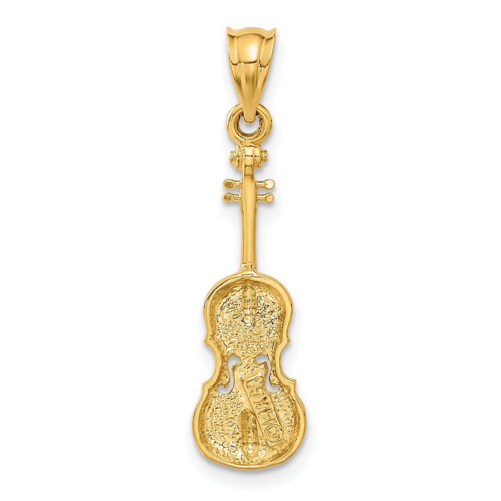 14K Gold Violin Charm with Polished Finish and Textured Detail