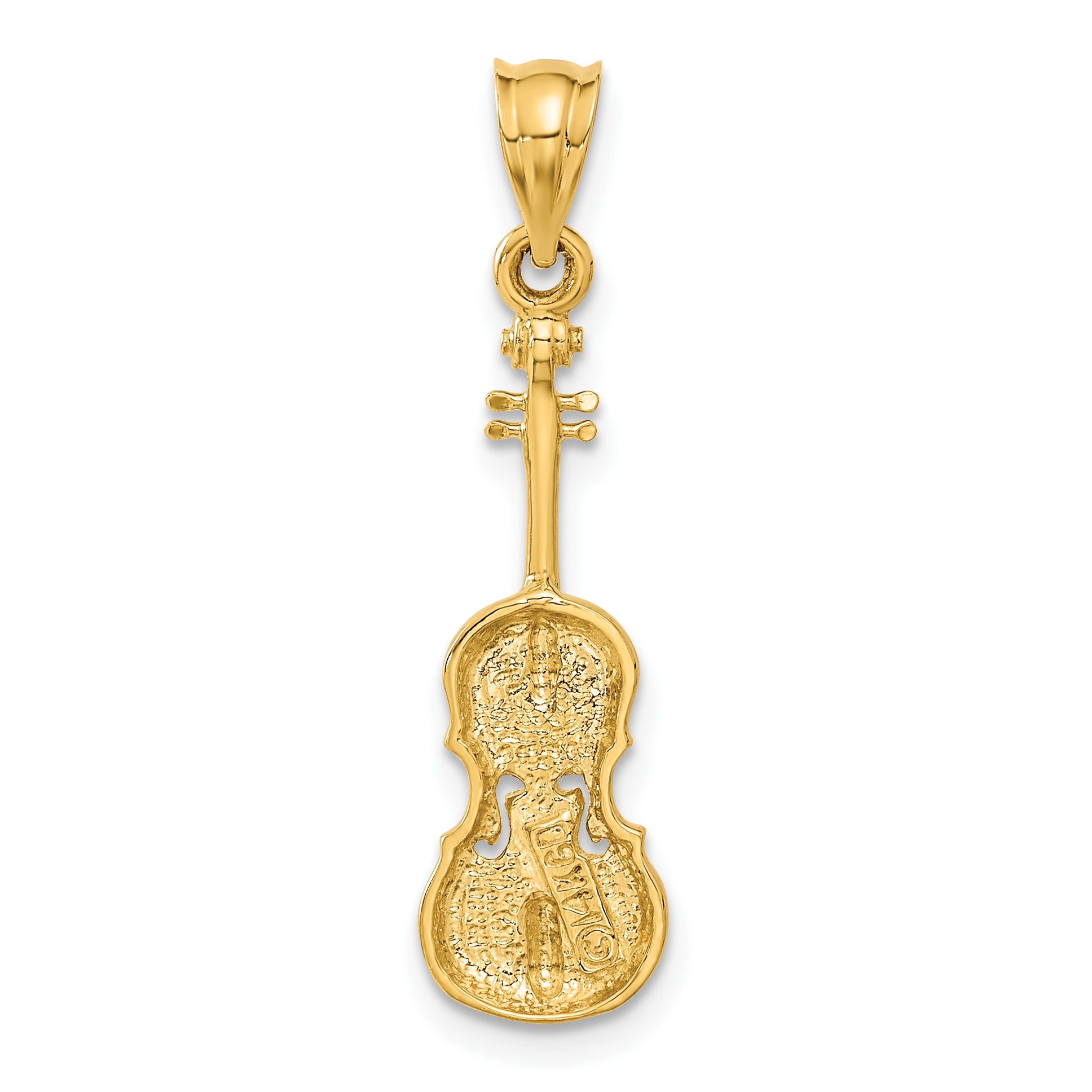 14K Gold Violin Charm with Polished Finish and Textured Detail