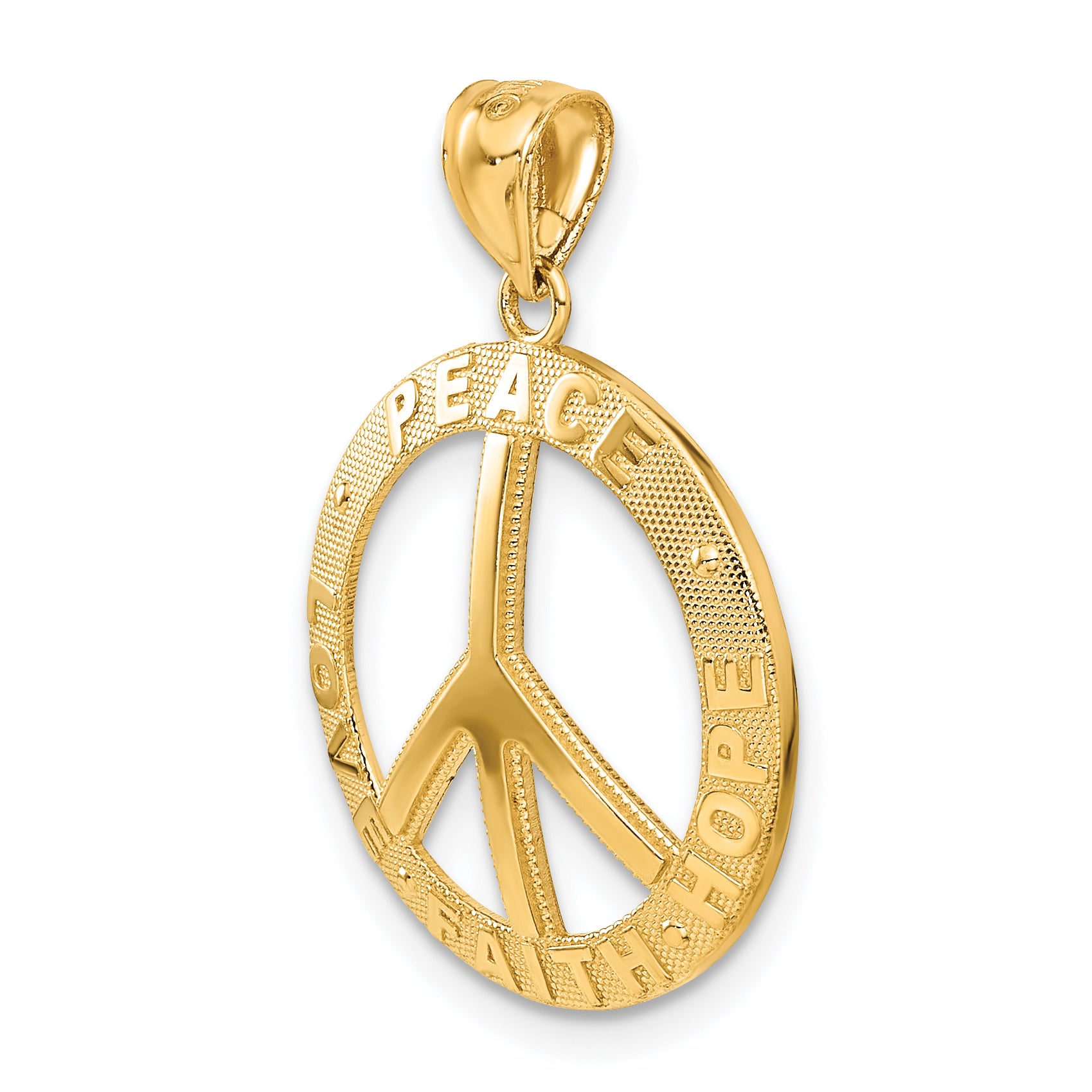 14K Gold Peace Love Faith Hope Pendant with Polished Textured Finish