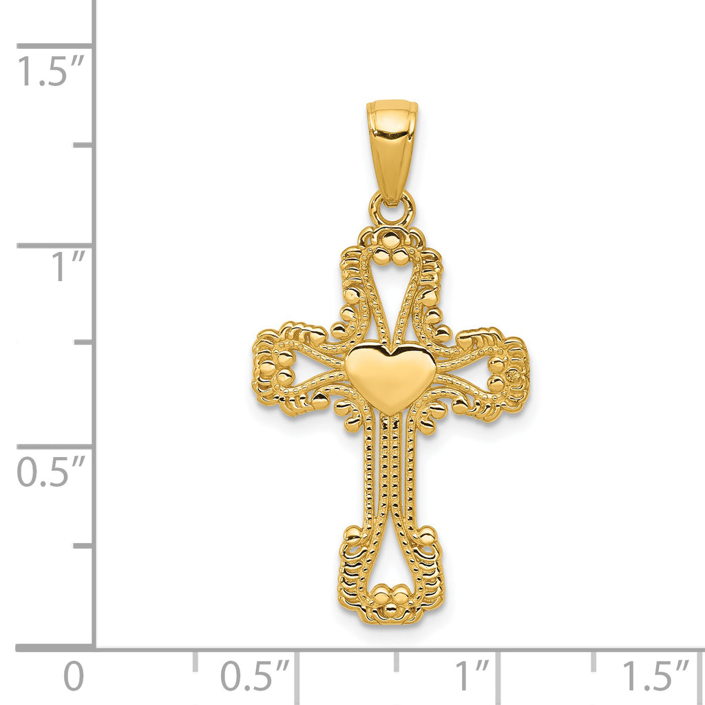 14K Gold Beaded Cross with Heart Pendant  Polished, Solid, Elegant Design