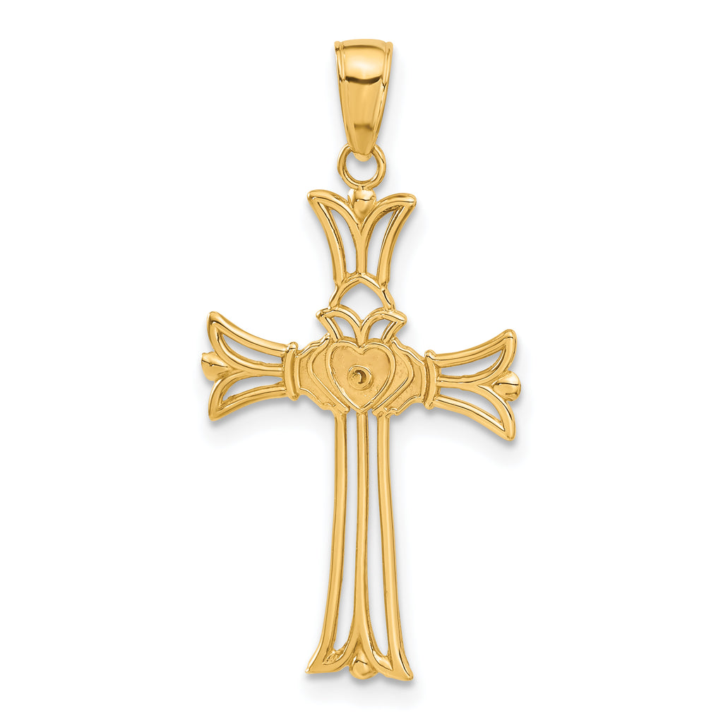 14K Gold Claddagh Cross Pendant with Solid Cast Design, 34mm