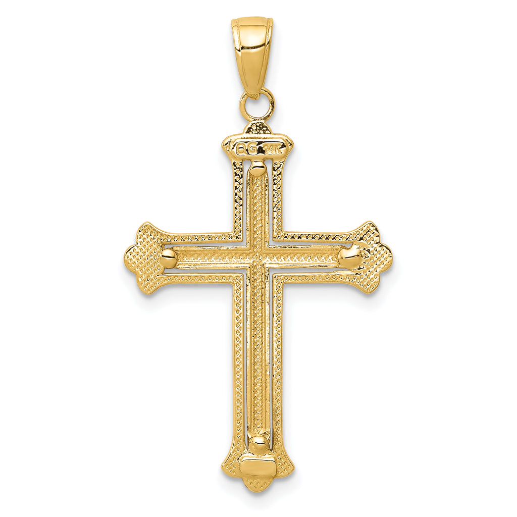 14K Gold Rhodium-Plated Budded Cross Pendant, Elegant Solid Design by Sophia Jewelers