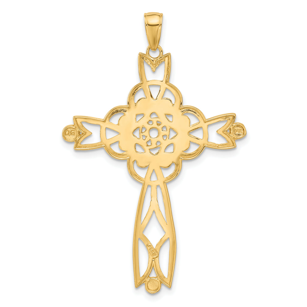 14K Gold Infinity Cross Pendant with Rhodium Diamond-Cut Beaded Trim