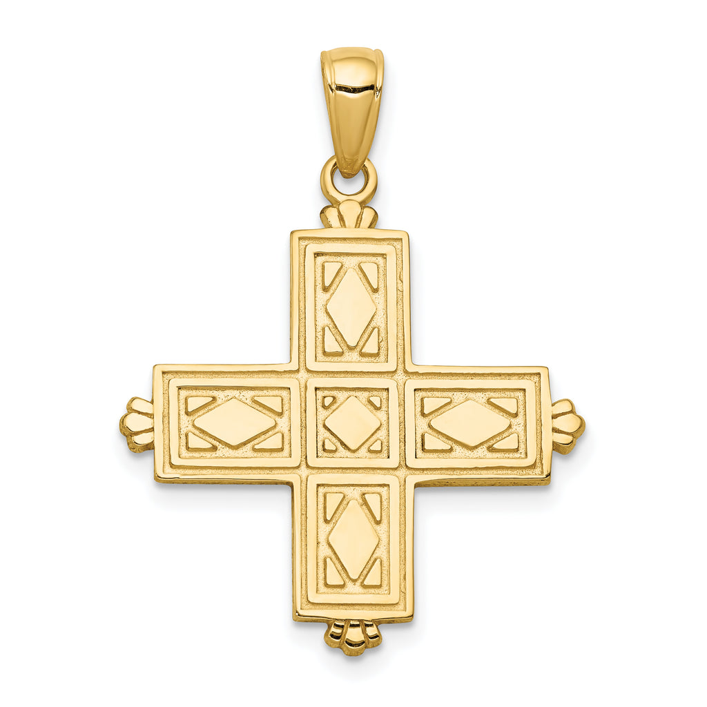 14K Etched Square Cross w/Crown Tips Pendant