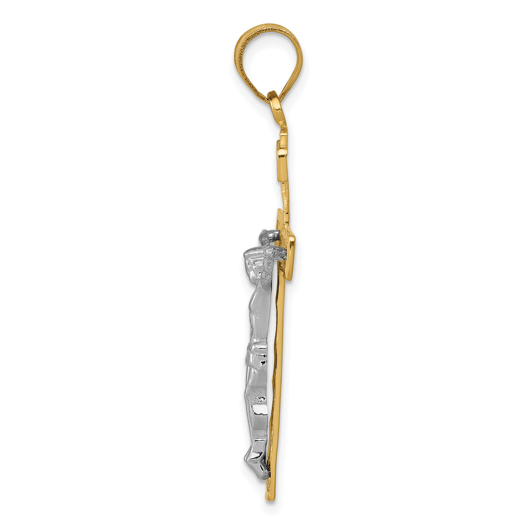 14K Two-Tone Gold Cross Pendant with Diamond-Cut Lattice Crucifix Polished Finish