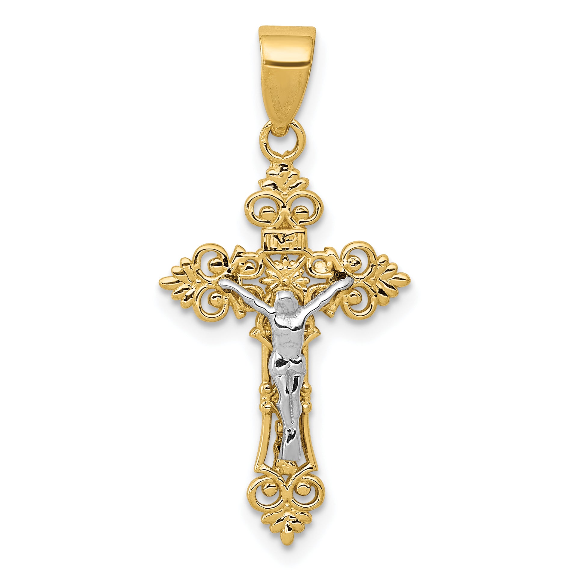 14K Two-Tone Small Lacy-Edge Inri Crucifix Pendant Main image