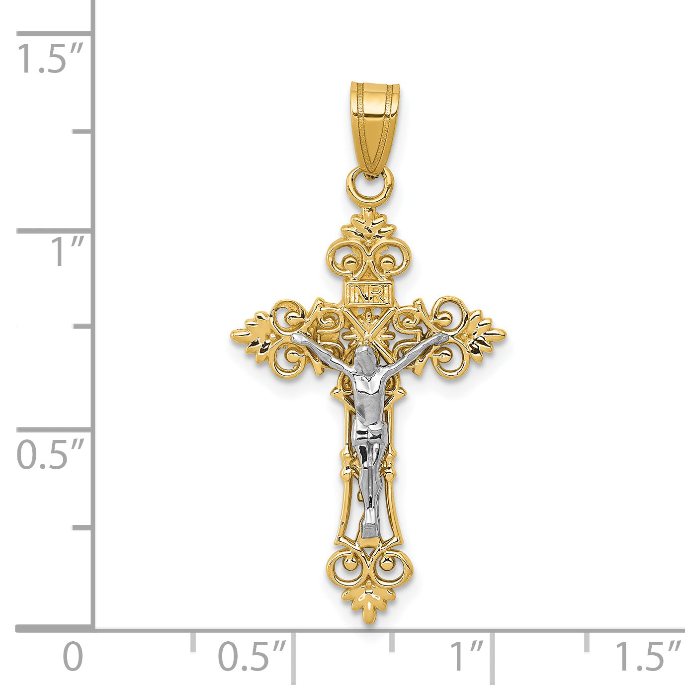 14K Two-Tone Gold Inri Crucifix Pendant with Lacy-Edge Design 35mm