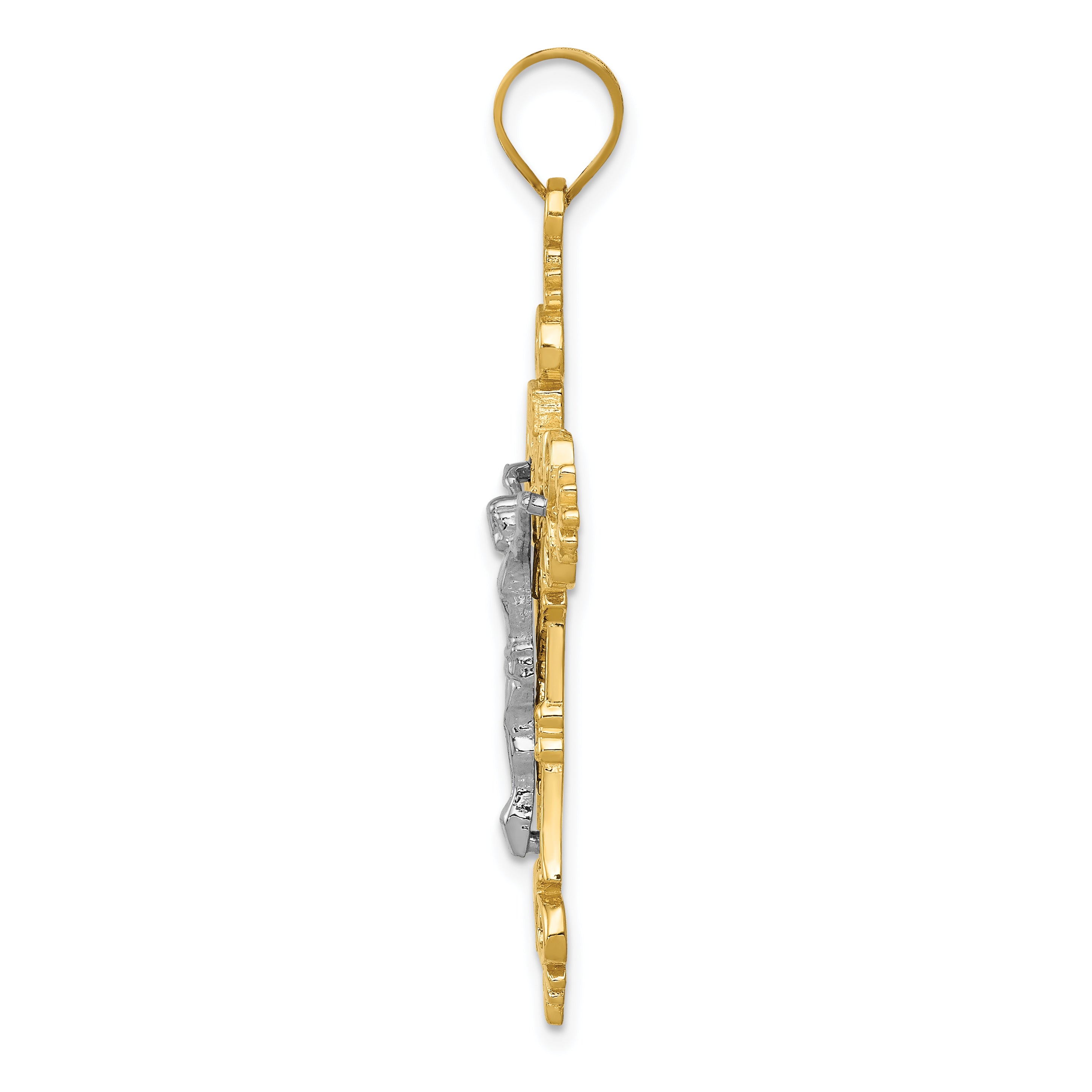 14K Two-Tone Gold Inri Crucifix Pendant with Lacy Edge  43mm Elegant Design