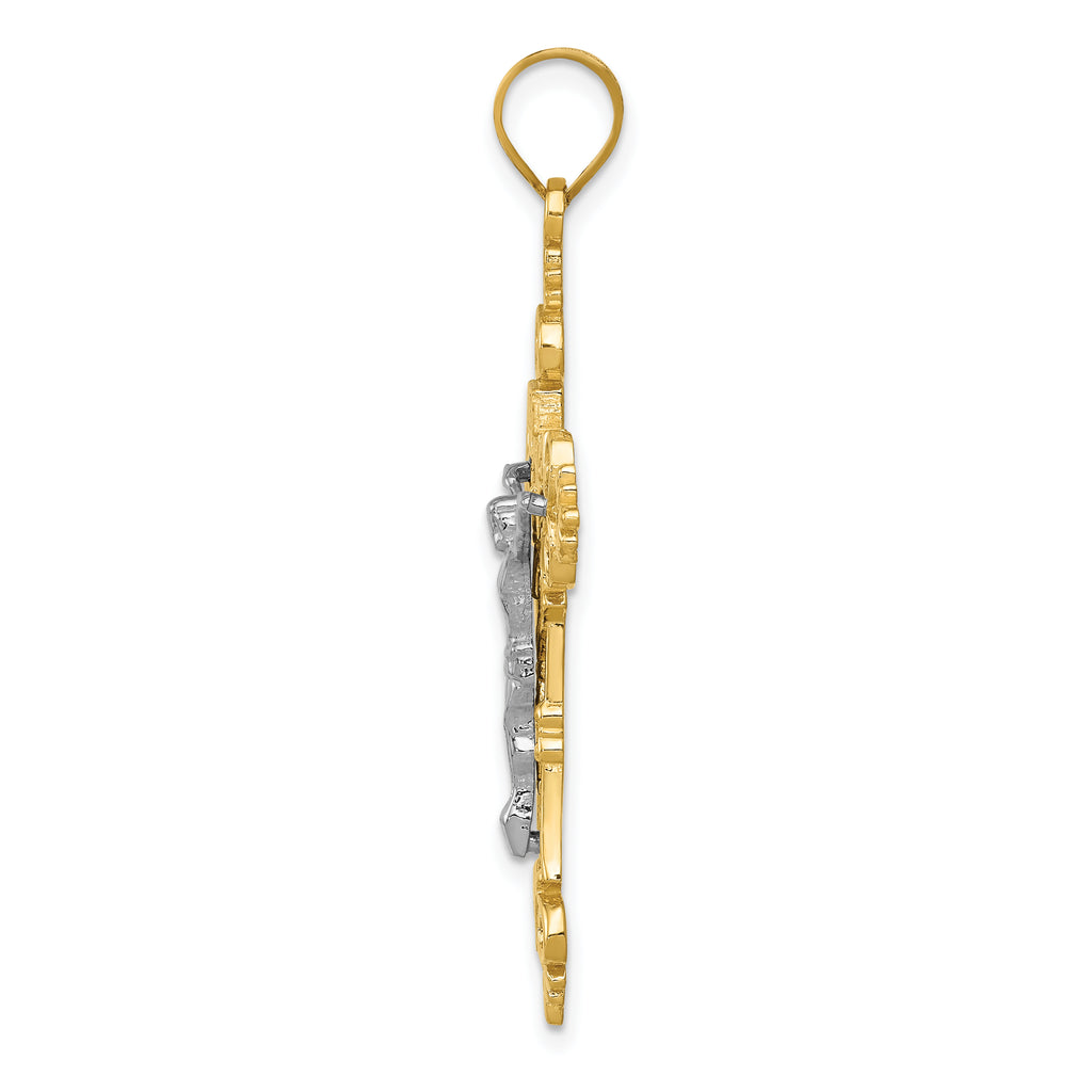 14K Two-Tone Gold Inri Crucifix Pendant with Lacy Edge  43mm Elegant Design