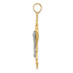 14K Two-Tone Gold Inri Crucifix Pendant with Lacy Edge  43mm Elegant Design