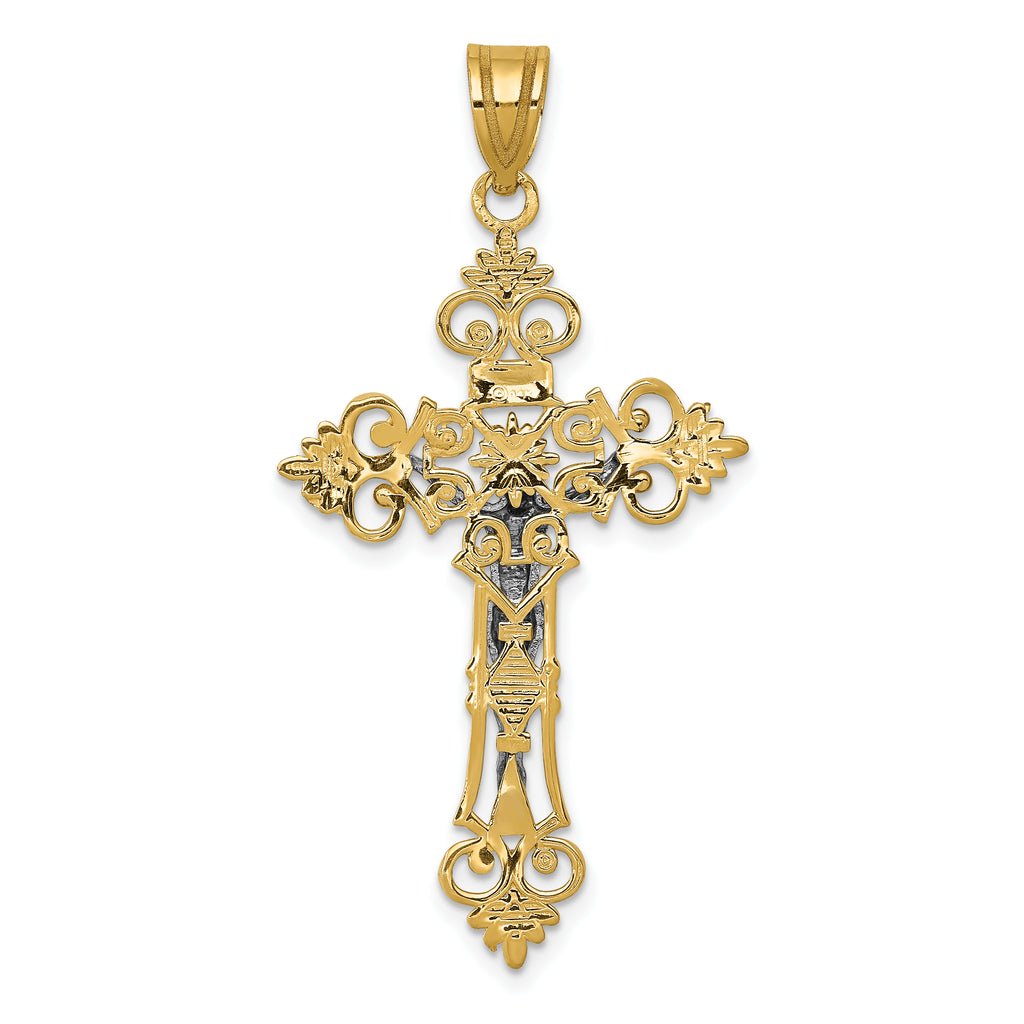 14K Two-Tone Gold Inri Crucifix Pendant with Lacy Edge  43mm Elegant Design