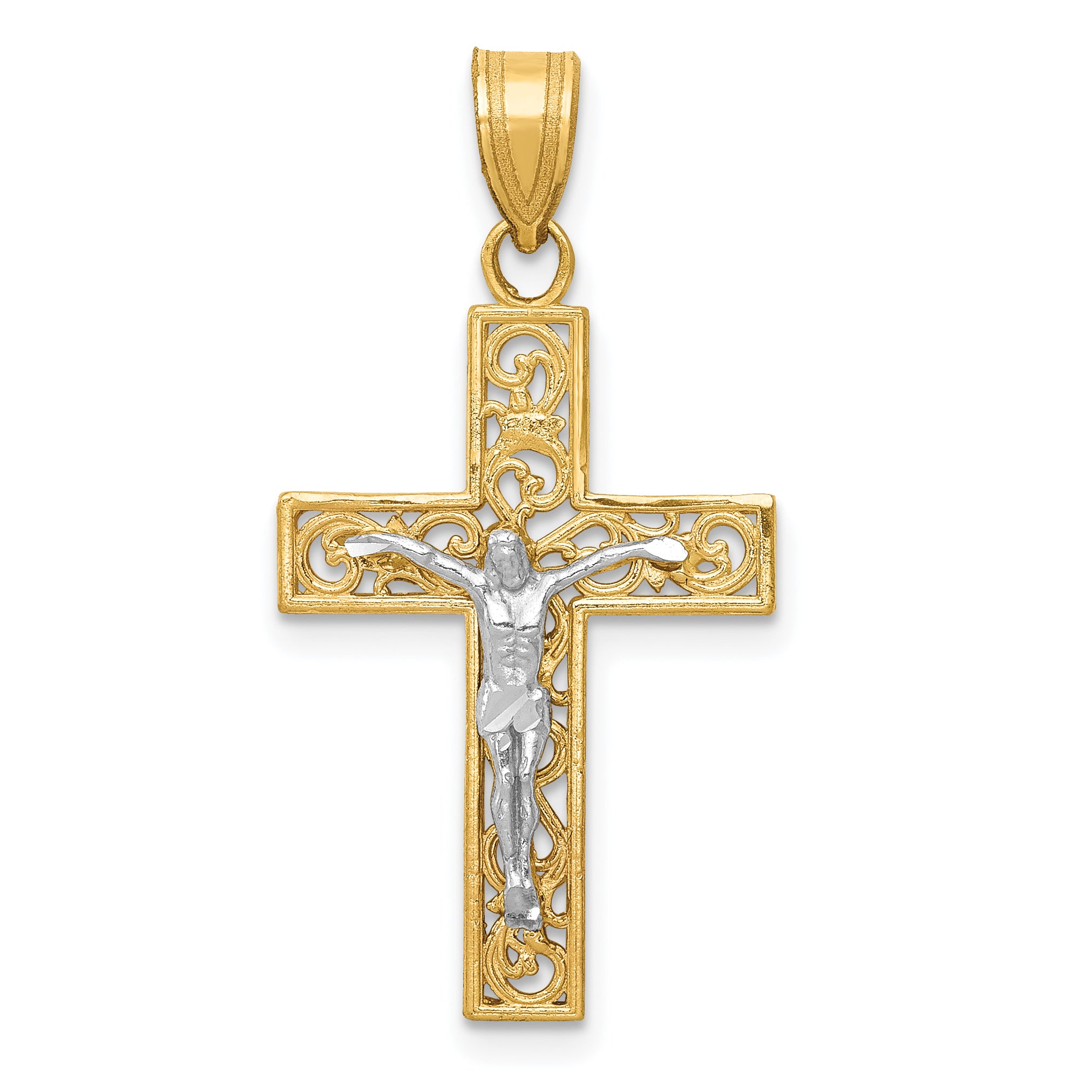 14K Two-Tone D/C Small Block Filigree Crucifix Pendant Main image