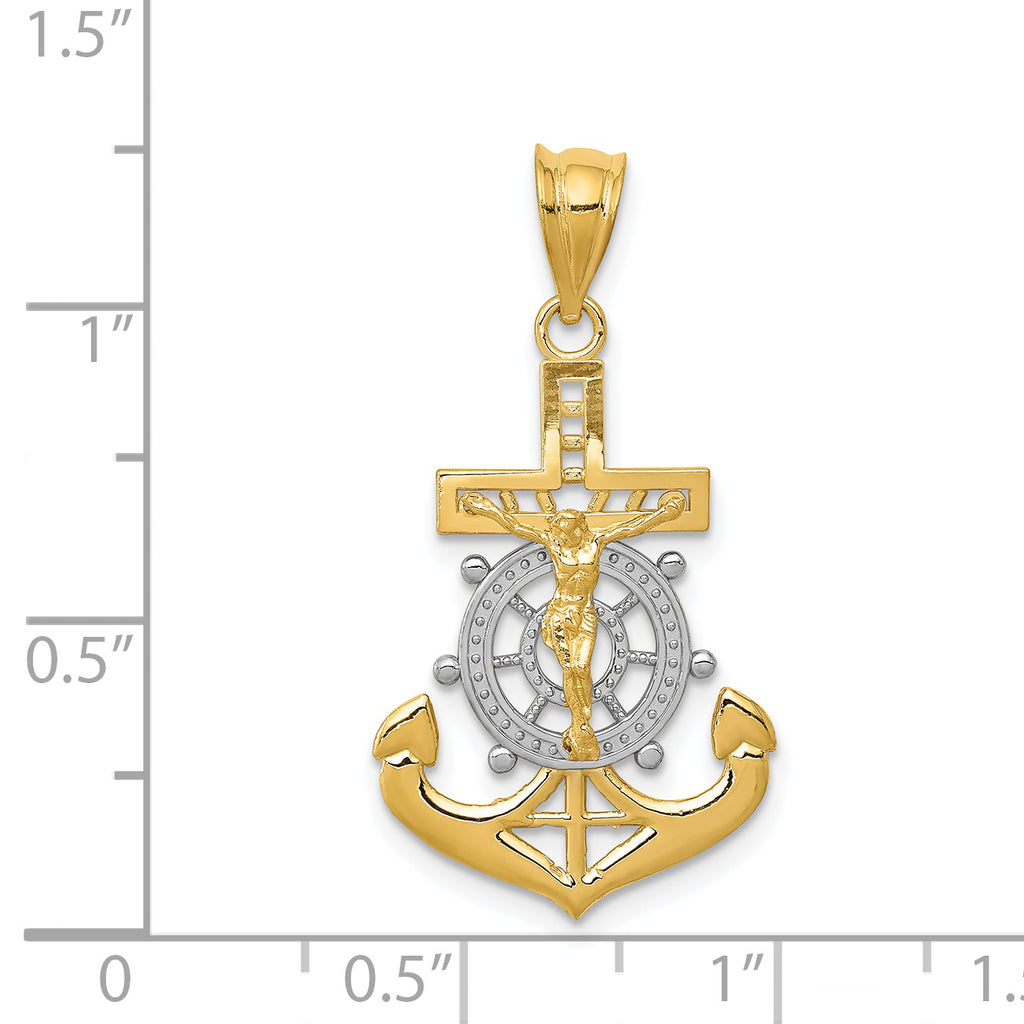 14K Gold Mariners Cross Pendant with Rhodium Diamond-Cut Detailing  30mm
